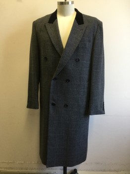 Mens, Coat, Overcoat, FALCONE, Gray, Black, Polyester, Rayon, Plaid, 46L, Double Breasted, Solid Black Velvet Collar Attached, Peaked Lapel, 3 Pockets, Calf Length