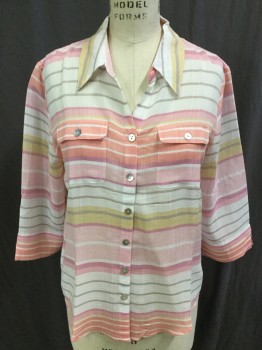 ALFRED DUNNER, Off White, Pink, Mauve Pink, Yellow, Gray, Polyester, Rayon, Stripes - Horizontal , Off White with Pink/mauve/yellow/gray/yellow Horizontal Stripes, Collar Attached, 2 Pockets with Flap, 3/4 Sleeves