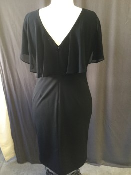 Womens, Cocktail Dress, CALVIN KLEIN, Black, Polyester, Spandex, Solid, 14, Ballet Neck,back V-neck with  Sheer Poly Chiffon Attached Capelette, Back Zipper,
