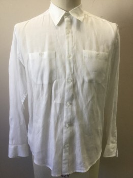 Mens, Casual Shirt, PERRY ELLIS, White, Linen, Solid, M, Long Sleeves, Button Front, Collar Attached, Button Tab for Rolling Up Sleeves