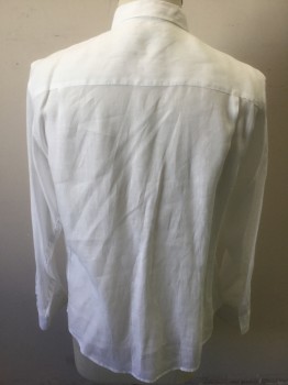 Mens, Casual Shirt, PERRY ELLIS, White, Linen, Solid, M, Long Sleeves, Button Front, Collar Attached, Button Tab for Rolling Up Sleeves