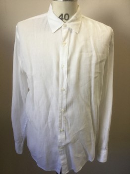 PERRY ELLIS, White, Linen, Solid, Long Sleeves, Button Front, Collar Attached, Button Tab for Rolling Up Sleeves