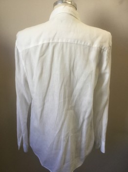 PERRY ELLIS, White, Linen, Solid, Long Sleeves, Button Front, Collar Attached, Button Tab for Rolling Up Sleeves