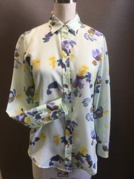BANANA REPUBLIC, Mint Green, Periwinkle Blue, Yellow, Dusty Brown, Slate Blue, Polyester, Floral, Button Front, Long Sleeves, Collar Attached, Abstract Floral Print, Crepe