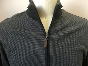 Mens, Casual Jacket, TASSO ELBA, Black, Gray, Cotton, Houndstooth, L, Jersey Knit, Stand Collar, Zip Front, Black Elbow Pads, Black Rib Knit Collar/Cuffs/Waistband