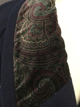 DONNY BROOK, Navy Blue, Magenta Pink, Gray, Olive Green, Khaki Brown, Wool, Solid, Paisley/Swirls, Double Breasted, Shawl Collar with Velvet Inset, Slit Pockets
