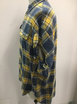 R13, Navy Blue, Yellow, Off White, Cotton, Plaid-  Windowpane, Flannel, Button Front, 2 Pockets, Collar Attached, Cut Off Sleeves with Raw Edge,
