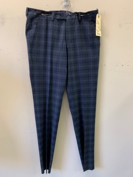 TED BAKER, Navy Blue, Gray, Blue, Wool, Plaid, Flat Front, 5 Pockets,