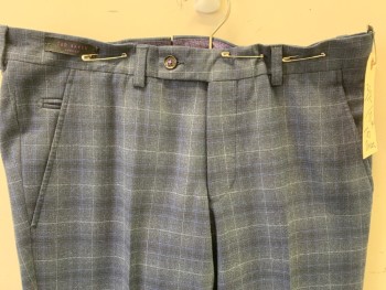 TED BAKER, Navy Blue, Gray, Blue, Wool, Plaid, Flat Front, 5 Pockets,
