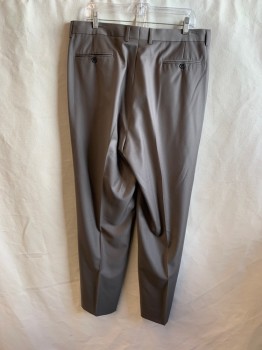MTO, Putty/Khaki Gray, Wool, Solid, SUIT PANTS, Pleated Front, 4 Pockets, Belt Loops, Zip Fly, Button Closure