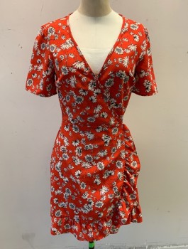 Womens, Dress, Short Sleeve, TOP SHOP, Tomato Red, Off White, Navy Blue, Polyester, Floral, Sz.4, Crepe, Wrap Dress, V-neck, Self Ties at Waist, Hem Above Knee,  Self Ruffle at Hem