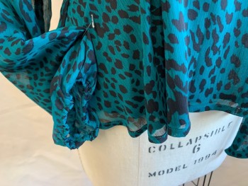 Womens, Blouse, AQUA, Teal Green, Black, Polyester, Animal Print, S, Sheer Teal Green with Black Leopard Print, Sheer Black Lining, Self Ruffle Wrap-around V-neck & Hem, Side Zip, Long Sleeves with Elastic Trim, with DETACHED BELT