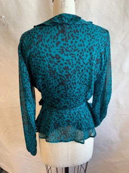 Womens, Blouse, AQUA, Teal Green, Black, Polyester, Animal Print, S, Sheer Teal Green with Black Leopard Print, Sheer Black Lining, Self Ruffle Wrap-around V-neck & Hem, Side Zip, Long Sleeves with Elastic Trim, with DETACHED BELT