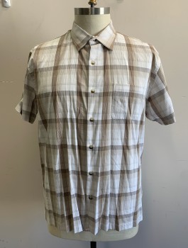 VAN HEUSEN, Taupe, Cream, Brown, Cotton, Rayon, Plaid-  Windowpane, Short Sleeve Button Front, Collar Attached, 1 Patch Pocket