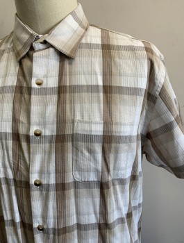 Mens, Casual Shirt, VAN HEUSEN, Taupe, Cream, Brown, Cotton, Rayon, Plaid-  Windowpane, XL, Short Sleeve Button Front, Collar Attached, 1 Patch Pocket