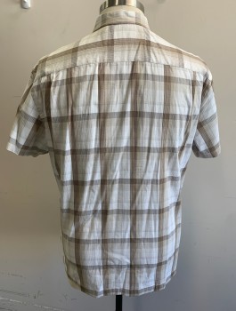 VAN HEUSEN, Taupe, Cream, Brown, Cotton, Rayon, Plaid-  Windowpane, Short Sleeve Button Front, Collar Attached, 1 Patch Pocket