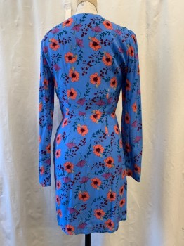 Womens, Dress, Long & 3/4 Sleeve, ASTR, Baby Blue, Orange, Purple, Teal Green, Red Burgundy, Polyester, Viscose, Floral, S, V-neck, Long Sleeves, Rushed Skirt with Waterfall Ruffle., Zip Side, Knee Length