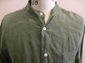 NN07, Olive Green, Linen, Solid, Button Front, 1 Pocket, Band Collar,