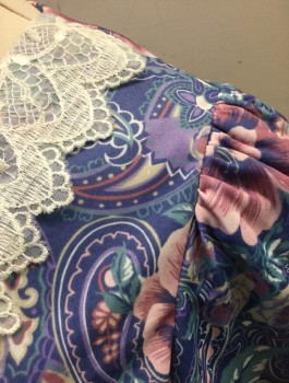 MCS LTD, French Blue, Mauve Pink, Sea Foam Green, White, Lavender Purple, Polyester, Floral, Paisley/Swirls, Short Sleeves, White Lace Collar with Zig Zagged Edge, V-neck, Padded Shoulders, Elastic Waist, Pleated Skirt/Bottom Half, Knee Length,