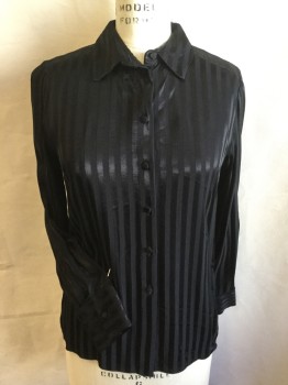 TOPSHOP, Black, Viscose, Stripes - Vertical , Self Black Vertical Stripes, Collar Attached, Black Satin Cover Button Front, Long Sleeves, Curved Hem