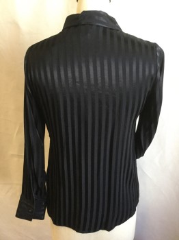 TOPSHOP, Black, Viscose, Stripes - Vertical , Self Black Vertical Stripes, Collar Attached, Black Satin Cover Button Front, Long Sleeves, Curved Hem