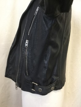 Womens, Leather Jacket, TOPSHOP, Black, Leather, Solid, 2, Zip Front, Collar Attached, 3 Zip Pockets, Adjustable Waist, Zipper Detail on Arm