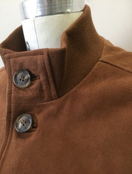 Mens, Casual Jacket, DYLAN GRAY, Brown, Suede, Solid, M, Button Front, Rib Knit Stand Collar, Cuffs and Waistband, 2 Large Patch Pockets with Pleat Detail and Button Flap Closures at Hip, Gray Cotton Lining