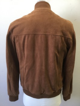 Mens, Casual Jacket, DYLAN GRAY, Brown, Suede, Solid, M, Button Front, Rib Knit Stand Collar, Cuffs and Waistband, 2 Large Patch Pockets with Pleat Detail and Button Flap Closures at Hip, Gray Cotton Lining