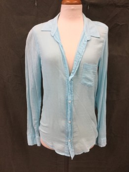 FRANK & EILEEN, Powder Blue, Cotton, Solid, Gauzy Semi Sheer, Button Front, Low Cut, Collar Attached, Long Sleeves, 1 Pocket, Button Cuff