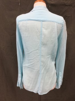 FRANK & EILEEN, Powder Blue, Cotton, Solid, Gauzy Semi Sheer, Button Front, Low Cut, Collar Attached, Long Sleeves, 1 Pocket, Button Cuff
