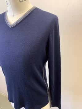 Mens, Pullover Sweater, ELIE TAHARI, Navy Blue, Gray, Wool, Solid, S, Knit, V-neck, Gray Stripe at Neck, Under Long Sleeves, and at Side Seams