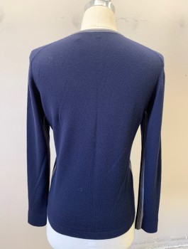 ELIE TAHARI, Navy Blue, Gray, Wool, Solid, Knit, V-neck, Gray Stripe at Neck, Under Long Sleeves, and at Side Seams