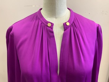 Womens, Blouse, DVF, Purple, Silk, Solid, 8, Long Sleeves, Pullover, 2 Gold Buttons at Center Front Neck, Pleat Center Front,