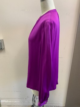 Womens, Blouse, DVF, Purple, Silk, Solid, 8, Long Sleeves, Pullover, 2 Gold Buttons at Center Front Neck, Pleat Center Front,