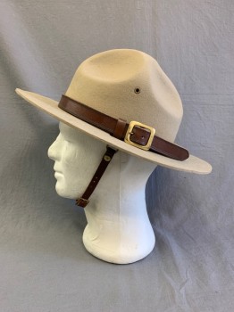 Unisex, Fire/Police Hat, Stratton, Khaki Brown, Wool, Solid, 7 1/8, Campaign Hat, Peak Crown, Badge Holes, Brown Leather Hat Band with Gold Buckle, with Chin Strap