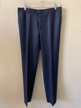 Mens, Suit, Pants, GALANTE, Navy Blue, Blue, Wool, Stripes - Vertical , 32/33, F.F, Side Pockets, Zip Front, Belt Loops