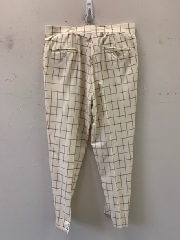 Mens, Slacks, Burberry, Cream, Red, Wool, Grid , 34/30, F.F, Button Front, Side Pockets,