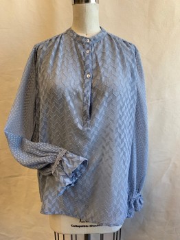 Womens, Top, FRENCH CONNECTION, Lt Blue, Polyester, Rayon, 2, Chevron Boucle Chiffon, Rectangular Boucle Chiffon Sleeves/Back Yoke, Button Front 1/2 Placket, Band Collar,  Long Sleeves, Ruffle Cuff with Embroidered Ribbon Cuff
