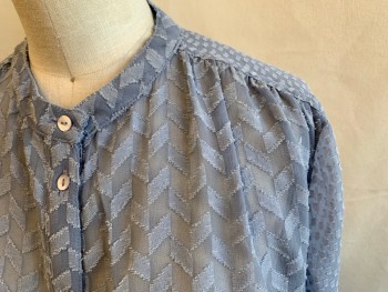 Womens, Top, FRENCH CONNECTION, Lt Blue, Polyester, Rayon, 2, Chevron Boucle Chiffon, Rectangular Boucle Chiffon Sleeves/Back Yoke, Button Front 1/2 Placket, Band Collar,  Long Sleeves, Ruffle Cuff with Embroidered Ribbon Cuff
