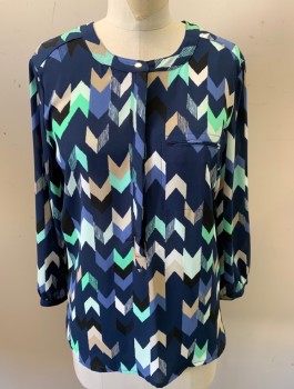 Womens, Blouse, JM COLLECTION, Navy Blue, Mint Green, Beige, White, Polyester, Chevron, S, Chiffon, 3/4 Sleeves, 4 Button Placket at Front, Round Neck, 1 Pocket, Cascade of Vertical Pleats at Center Back