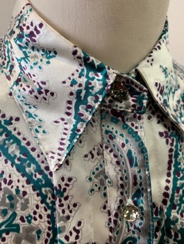 Womens, Blouse, MARKS & SPENCER, White, Aubergine Purple, Teal Blue, Gray, Polyester, Paisley/Swirls, L, Satin, Long Sleeves, Button Front, Collar Attached, Buttons are Silver Rhinestones, Vertical Pleat at Either Side of Button Placket