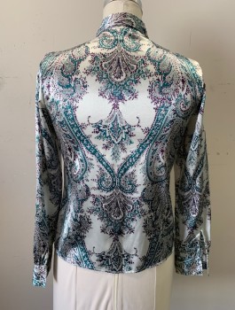 Womens, Blouse, MARKS & SPENCER, White, Aubergine Purple, Teal Blue, Gray, Polyester, Paisley/Swirls, L, Satin, Long Sleeves, Button Front, Collar Attached, Buttons are Silver Rhinestones, Vertical Pleat at Either Side of Button Placket