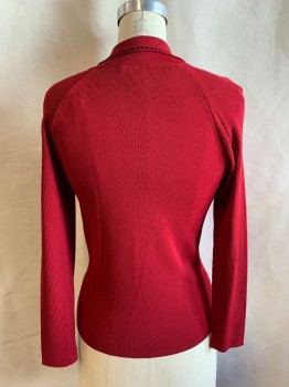Womens, Pullover, ANN TAYLOR, Red, Black, Rayon, Nylon, Solid, S, Collar Attached, V-neck, Black Squares on Collar, 1 Button at Neck