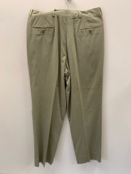 Mens, Slacks, VALENTINO, Lt Olive Grn, Poly/Cotton, Solid, L32, W32, Zip Front, Extended Waistband Closure, Pleated Front, 4 Pockets, Creased **Small Green Stain On Leg Front