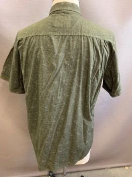 Mens, Casual Shirt, WEATHERPROOF, Olive Green, Lt Olive Grn, Cotton, Floral, XL, Short Sleeves Cuffed, Button Down Collar, 1 Pocket,