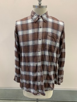 Mens, Casual Shirt, CANYON GUIDE, Caramel Brown, Dove Gray, White, Multi-color, Cotton, Plaid, XL, B.F., L/S, Bttn Down Collar, Chest Pocket, Flannel, Tortoise Shell Buttons