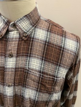 Mens, Casual Shirt, CANYON GUIDE, Caramel Brown, Dove Gray, White, Multi-color, Cotton, Plaid, XL, B.F., L/S, Bttn Down Collar, Chest Pocket, Flannel, Tortoise Shell Buttons