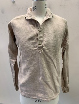 Mens, Historical Fiction Shirt, MTO, Beige, Cotton, Solid, C36, S, Pull On, Button Front Placket, Rounded Collar, L/S, Arm Gusset, Button Cuffed, Aged