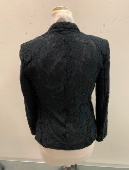 Womens, Blazer, DKNY, Black, Cotton, Nylon, Solid, Floral, 8, Peaked Lapel, 1snap Button, Single Breasted, 2 Pockets,