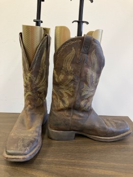 ARIAT, Oiled Brown Leather Square Toe, Olive/Cream Stitching